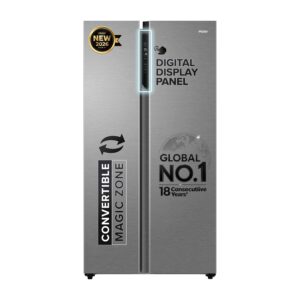 About haier 596 l 3 star frost free expert inverter 2 door side by side refrigerator (hes 690ss, shiny silver, magic convertible, deo fresh technology, 2026 model)